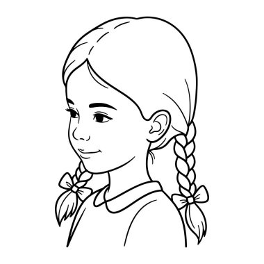 Örgülü örgüleri ve fiyonkları olan, gülümseyen ve sola bakan genç bir kız çizgisi. Saçları iki örgülü ve ucunda fiyonk var. Yakalı bir gömlek giyiyor ve yüzünde nazik bir gülümseme var. Siyah-beyaz ve yanında bir Pla