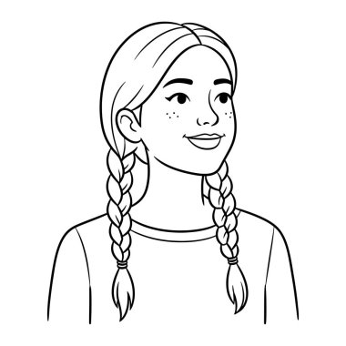 İki örgülü örgülü at kuyruğu, yanaklarında çiller ve bir gülümsemeyle basit bir kız çizgisi. O, tayfa yaka bir gömlek giyiyor ve ince, neşeli bir ifadeye sahip. Siyah ve beyaz, kalın çizgiler ve en az gölgelendirme ile.