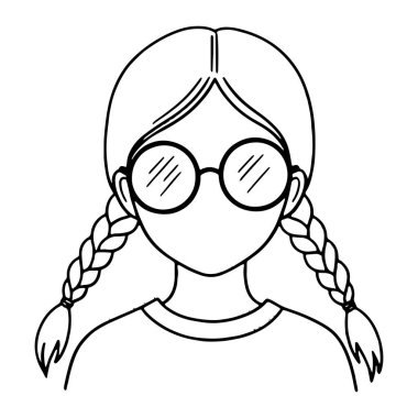 İki örgülü at kuyruğu ve yuvarlak gözlüklü basit bir kız çizgisi. Siyah-beyaz, kızın yüzünü tanımlayan kalın çizgiler var. Yüzü minimumda, gözlük ve örgülerden başka ayrıntı yok. Basit bir gömlek giyiyor gibi görünüyor..