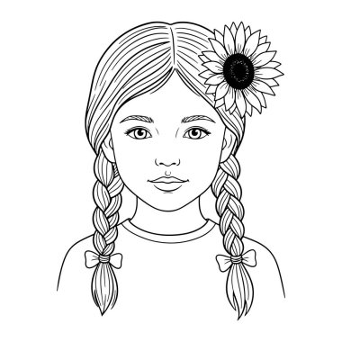 İki örgülü örgülü örgü örgülü, ucunda fiyonklarla süslenmiş siyah beyaz bir kız çizgisi. Saçının bir tarafına bir ayçiçeği sıkıştırılmış. Yüzünde tarafsız bir ifade var ve düz beyaz bir arkaplan kullanıyor..