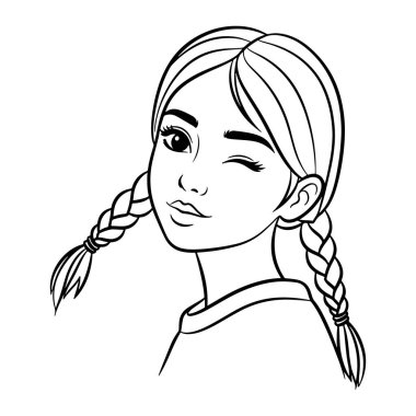 İki örgülü örgülü örgülü saçı olan bir kızın tek gözüyle sola baktığı basit bir çizgi. Onun yüz ifadesi oyuncu ve arkadaş canlısı. Beyaz arka plandaki koyu siyah çizgiler temiz ve minimalist bir estetik yaratıyor..