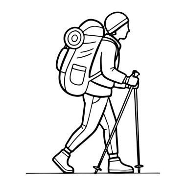 Sırt çantasıyla yürüyen ve beyaz arka planda yürüyüş direkleri olan birinin siyah çizgisi. Yürüyüşçü bir şapka, ceket, pantolon ve bot giyiyor ve sırt çantasında bir uyku tulumu var. Rengi ve gölgesi olmayan basit bir çizgi.