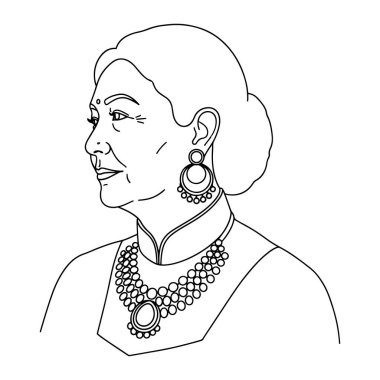 Profilde siyah beyaz bir kadın çizgisi, sola bakıyor. Alnında bir bindi, geleneksel bir Hint kolyesi ve büyük küpeleri var. Saçları topuz şeklinde geri çekiliyor. Koyu çizgiler ve en az gölgelendirme ile basit.