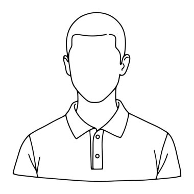 Bir erkeğin üst gövdesinin basit bir çizgisi, yakalı ve iki düğmeli bir polo tişört giyiyor. Adamın kısa saçı var ve yüzü yok. Beyaz arka planda siyah çizgiler var. Çizgili adam, polo tişört, yüzsüz. Polo tişörtlü bir adamın çizgisi.