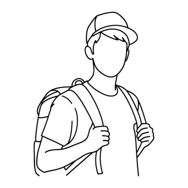 Şapka ve sırt çantası takan genç bir adamın basit bir çizgisi. Beyaz arkaplanda siyah çizgiler var. Adam belden yukarı, hafifçe sağa bakan şekilde tasvir edilir. Kısa saçlı ve bir şapka, bir tişört ve kayışlı bir sırt çantası giyiyor.