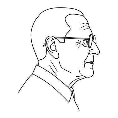 Yaşlı bir adamın kafasının ve omuzlarının, sağa bakan basit bir çizgisi. Kısa saçlı, yüzünde kırışıklıklar var ve gözlük ve yakalı bir gömlek giyiyor. Siyah beyaz ve sade beyaz arka planı var..