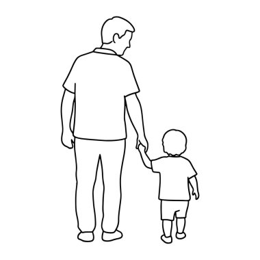 Arkadan bakan bir adamla genç bir çocuğun el ele yürüdüğü basit bir çizgi. Çocuk kısa kollu gömlek ve şort giyerken, adam kısa kollu bir gömlek ve pantolon giyiyor. Her iki figür de minimalist bir şekilde cesur bir şekilde resmedilmiş.