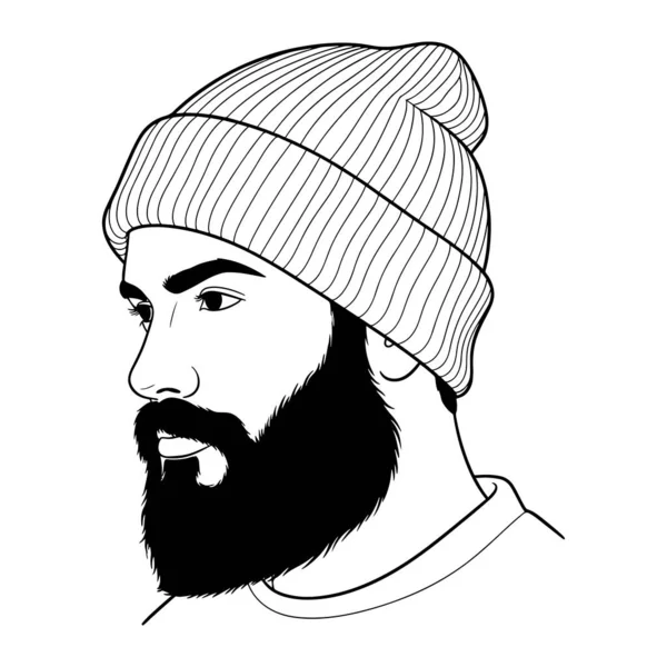 Bir adamın başı ve omuzlarından oluşan siyah beyaz bir çizgi. Kaburgalı bir bere takıyor ve uzun bir sakalı ve bıyığı var. Adam tarafsız bir ifadeyle sola bakıyor. Beyaz arka planda..