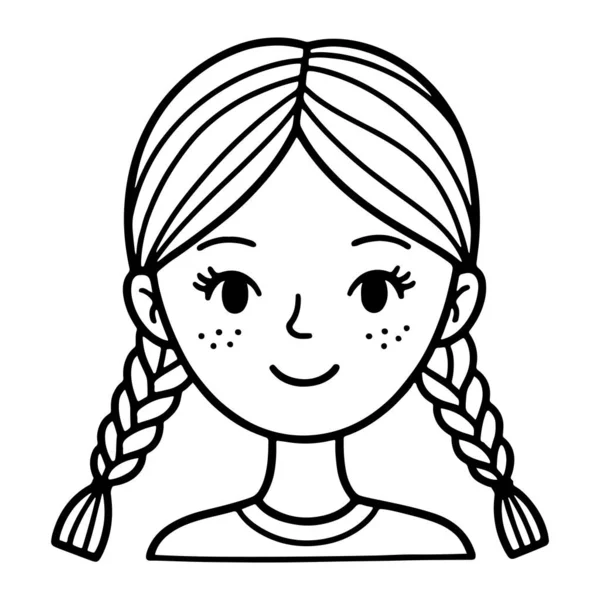 Örgü örgülü at kuyruğu, yanaklarında çiller ve gülümseyen bir yüzle basit siyah beyaz bir kız çizgisi. Minimalist bir tarz, temiz çizgiler ve düz beyaz bir arkaplan. Kızın yüzü stilize ve çocuksu, gülümsemesine vurgu yapıyor.