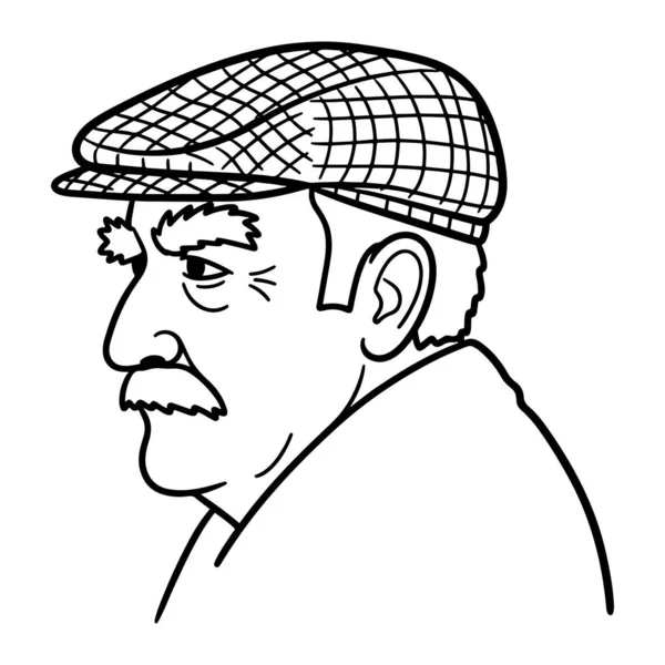 Bir adamın kafasının ve omuzlarının sade siyah beyaz çizgisi, kareli desenli düz bir şapka takıyor. Adamın bıyığı ve kısa sakalı var. Basit, basit ve en az gölgelendirme ile yapılır.