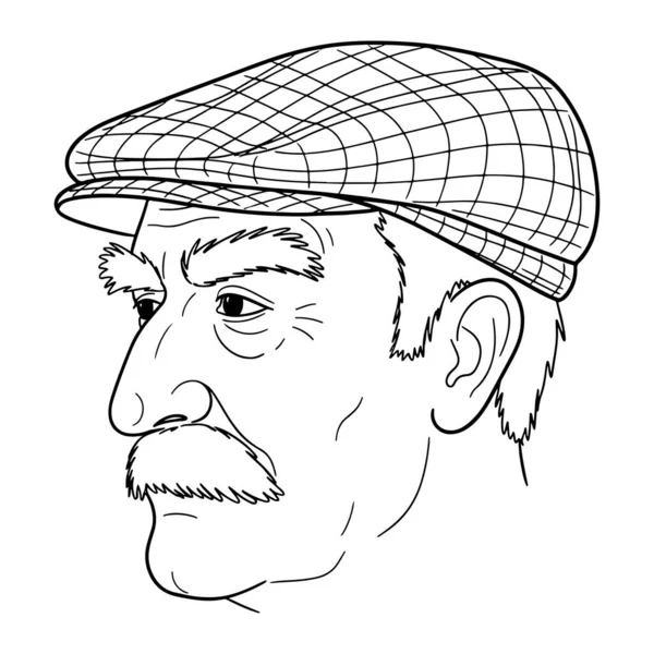 Bir adamın başı ve omuzlarından oluşan siyah ve beyaz bir çizgi, profilden görülüyor. Ekose desenli düz bir şapka takıyor ve bıyığı ve kısa sakalı var. Arkaplan düz beyaz.