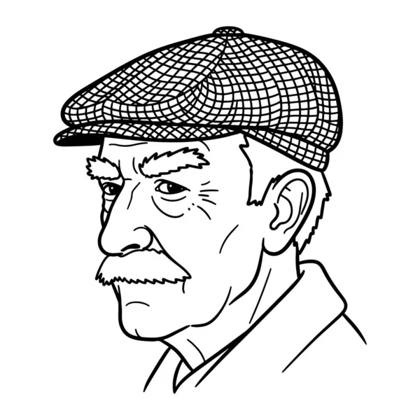 Bir adamın siyah ve beyaz kafası ve omuzları, yan profilden görülüyor. Düz bir şapka takıyor ve kareli desenli ve bıyıklı. Kalın çizgiler ve basit bir renk düzeni. Yüzünde kırışıklıklar var..