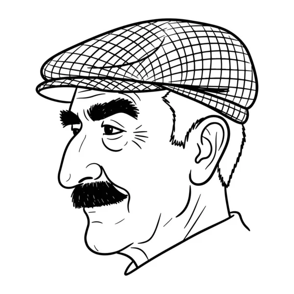 Bir adamın siyah ve beyaz kafası ve omuzları, profilden görülüyor. Düz bir şapka takıyor ve kalın bir bıyığı ve kısa saçı var. Basit, kalın çizgiler ve en az gölgelendirme ile, düz beyaz sırtlı