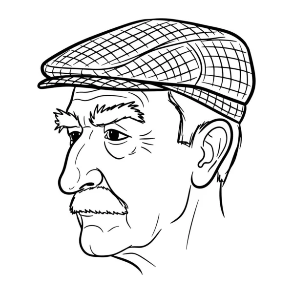 Siyah ve beyaz bir adam kafasında düz bir şapka ve şebeke deseni var. Adamın profili, yüzü sola dönük, bıyıklı ve yüzünde kırışıklıklar var. Yüzünde belirgin bir burun ve göz var. Arkaplanı düz beyaz..