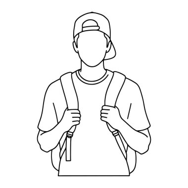 Beyzbol şapkası ve sırt çantası takan bir adamın basit bir çizgisi. Adam belden yukarı, elleri sırt çantasının kayışlarını tutarken tasvir ediliyor. O bir tişört giyiyor ve başlık ters giyilmiş. Beyaz bir sırt grubunda siyah çizgiler içinde