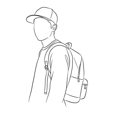 Beyzbol şapkası ve sırt çantası takan bir adamın basit bir çizgisi. Adam profilden görünüyor, sola bakıyor. Yüz bakımı yok. Beyzbol şapkası ve uzun kollu bir gömlek giyiyor. Sırt çantası sırtında ve kemerleri omuzlarında. Bu siyah bir çizgi.
