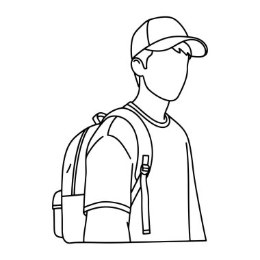Beyzbol şapkası ve sırt çantası takan bir adamın basit bir çizgisi. Adam, yüzü olmayan minimalist bir tarzda çizilmiş. Kısa kollu tişört ve omuzlarının üzerinde kayışlar olan bir sırt çantası var. Ek bir kol olmadan siyah beyaz.