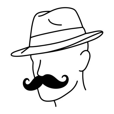 Kafasında şapka ve büyük bir bıyık olan bir adamın basit bir portresi. Siyah-beyaz, kalın çizgileriyle adamın şapkasını tanımlayan geniş kenarlı ve yuvarlak bir tacı var, ve ucu kalın ve kıvrımlı bir bıyığı var. Arkaplan
