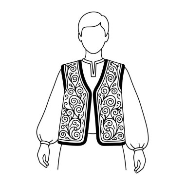 Geleneksel bir yelek giyen, karmaşık kıvrımlı desenleri olan ve gömleğinde kabarık kolları olan basit bir adam çizgisi. Siyah-beyaz, kalın çizgilerle adamın kısa saçlarını, yüzünü ve kıyafetlerini tanımlıyor. Ön taraftaki yelek açık.