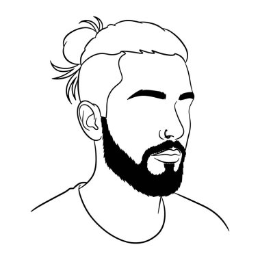 Bir adamın kafasının ve omuzlarının yan tarafından görünen basit bir çizgisi. Sakalı ve bıyığı var, saçı kafasında topuz şeklinde duruyor. Gözleri kapalı ve yüzünde hafif bir gülümseme var. Siyah beyaz, kalın çizgili.