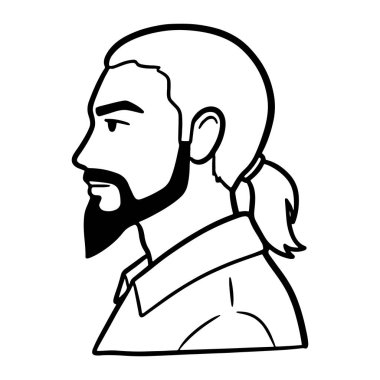 Sola bakan bir adamın kafasının ve omuzlarının basit siyah çizgisi. Sakalı ve at kuyruğu var. Saçı arkaya çekilmiş ve yakalı bir gömlek giyiyor. Beyaz arkaplanda koyu siyah bir ana hat var..