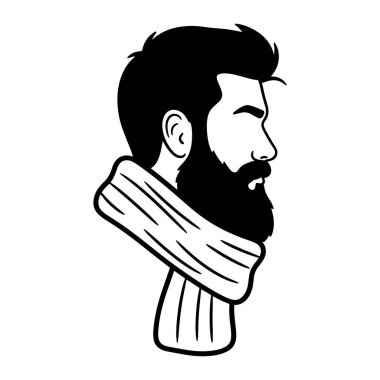 Bir adamın boynu ve kafasının siyah ve beyazı, profilden görülüyor. Onun kısa siyah saçları ve uzun bir sakalı var. Boynuna kalın bir eşarp dolanmış. Koyu çizgiler ve en az gölgelendirme ile basit.