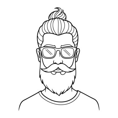 Bir adamın kafasının ve omuzlarının basit bir çizgisi. Sakalı ve bıyığı var ve saçı tekrar topuz haline gelmiş. Gözlük ve tişört giyiyor. Bu siyah ve beyaz. Adam, sakal, bıyık. Sakallı ve gözlüklü adam.