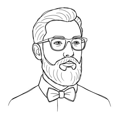 Bir erkek kafası ve omuzlarından oluşan bir çizgi, saç stili, sakal ve bıyıklı ve dikdörtgen gözlüklü. O, papyonlu yakalı bir gömlek giyer. Beyaz arkaplan üzerinde siyah çizgiler, ayrıntılı fac ile