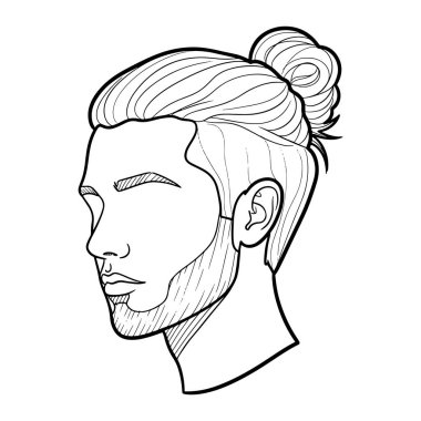 Yan profilde bir adamın kafasının siyah beyaz çizgisi. Kafasında bir topuz, kısa bir sakal ve bıyık olan uzun bir saç stili var. Gözleri kapalı ve yüzü basit çizgilerle tanımlı. Arkaplan düz beyaz.