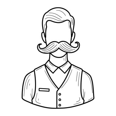 Bir adamın üst gövdesinin omuzlarından kafasına kadar basit bir çizgisi. Onun sonunda kıvrılan ayırt edici bir bıyığı var. Adam yakalı bir gömleğin üzerine yelek giyiyor. Önünde düğmeler, solunda da cebi var. Yüzü...