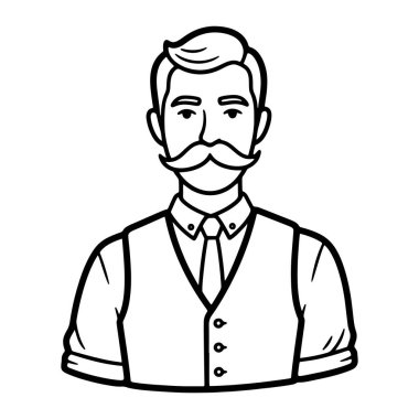 Bıyıklı, yelek, kravat ve gömlek giyen bir adamın basit siyah beyaz çizgisi. Adamın kısa saçı ve ayırt edici bir bıyığı var. Kolları kısmen görülebilen göğüsten yukarıya doğru tasvir edilir. Minimalist ve cesur çizgileri var ve hayır.