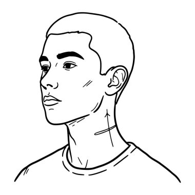 Trakeostomi bölgesini gösteren işaretli siyah-beyaz bir adam çizgisi. Adamın kısa saçı var ve tişört giyiyor. Boynuna cerrahi bölgeyi gösteren iki çizgi ve bir ok çizilmiş..