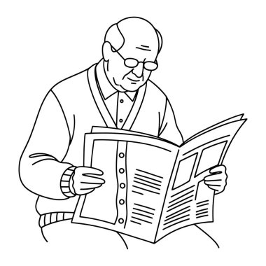 Gözlüklü, yakalı bir gömleğin üzerine kazak giyen, oturup gazete okuyan yaşlı bir adamın siyah beyaz çizgisi. Adamın kelleşen bir kafası var ve elindeki gazeteye odaklanmış..