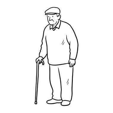Bir elinde baston olan yaşlı bir adamın basit bir çizgisi. Şapka, yakalı gömlek, kazak, pantolon ve ayakkabı giyiyor. Siyah-beyaz, çok az detay içeriyor. Açık ve net bir görünüm veriyor..
