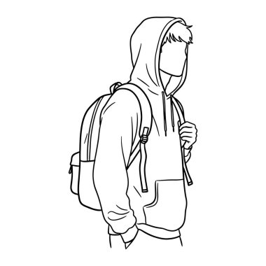 Kapüşonlu sweatshirt ve sırt çantası giyen birinin siyah çizgisi. Kişi belden yukarı, sağa doğru bakıyor. Kaput açık ve yüzü boş. Sırt çantası kişinin sırtında ve her iki omzunda da kayışlar var. Geri kafalı.