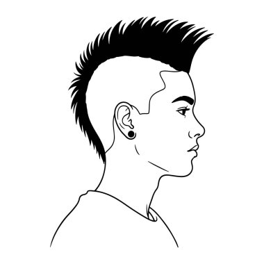 Tıraşlı ve sivri uçlu, belirgin bir mohawk saç stili sergileyen siyah beyaz bir kişinin kulağında dairesel bir küpe ve ince bir yüz ifadesi vardır. Düz beyaz bir arkaplan üzerine kurulmuştur.