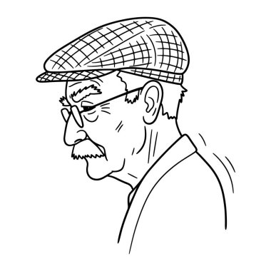 Bir adamın profilinin siyah beyaz çizgisi. O, ekose düz bir şapka, gözlük takıyor ve bıyığı ve kısa sakalı var. Düz beyaz arkaplan üzerine kurulu, kalın çizgiler ve en az gölgelendirme ile basit.