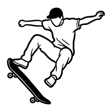 Havada kollarını açmış bir kaykaycının siyah beyaz çizgisi. Kaykaycı bir şapka, tişört, pantolon ve ayakkabı giyiyor. Kaykayın dört tekerleği vardır ve açıyla konumlandırılmıştır. Arkaplan düz beyaz.