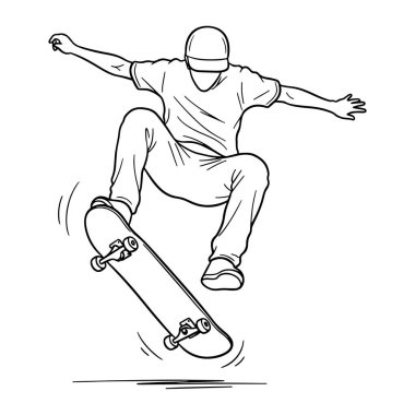 Havada bir kaykaycının dublörlük yaparken siyah beyaz çizgisi. Kaykaycı kolları açık ve bacakları bükülmüş bir şapka, tişört, pantolon ve ayakkabı giyer. Kaykay aşağı doğru açılı ve hareket çizgileri hareketi işaret ediyor. Arka tarafta.