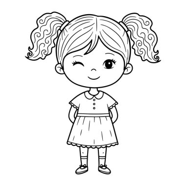 Kıvırcık örgülü, elbise ve ayakkabı giyen, elleri arkada duran ve tek gözüyle göz kırpan siyah beyaz bir çizgi film kızı. Basit, kalın çizgiler ve en küçük detaylar ile biçimlendirilmiş, bir boyama sayfası veya çocuk