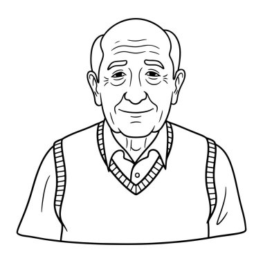 Yüzünde kırışıklıklar olan kel kafalı, gülümseyen yaşlı bir adamın siyah beyaz çizgisi. O, yakalı bir gömleğin üzerine çizgili bir süveter giyiyor. Koyu çizgiler ve en az gölgelendirme ile basit.