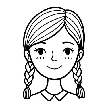 Yüzünde örgülü at kuyruğu ve çilleri olan gülümseyen genç bir kızın basit siyah beyaz çizgisi. Saçları ortadan ikiye bölünmüş ve iki örgülü bir şekilde yüzünün iki tarafına düşmüş. Onun nazik bir gülümsemesi ve büyük gözleri var. Temiz bir sayfa.