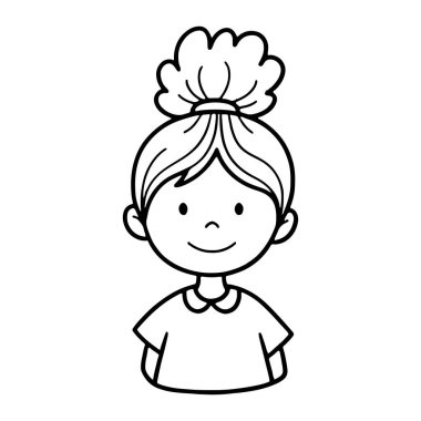 Saçlarını topuz şeklinde taramış gülümseyen bir kızın basit siyah beyaz çizgisi. O, omuzlarından yukarı doğru tasmalı kısa kollu bir tişört giyerek tasvir edilir. Yüzündeki ifade samimi ve mutlu, hafif bir gülümsemeyle. Şey...