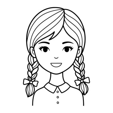 Saçları örgülü ve fiyonklu gülümseyen genç bir kızın basit siyah beyaz çizgisi. Düğmeleri ve düz beyaz bir arka planı olan yakalı bir gömleği var. Saçları iki örgülü ve ucunda fiyonk var. Bu basit bir stil, bir boyama sayfası veya