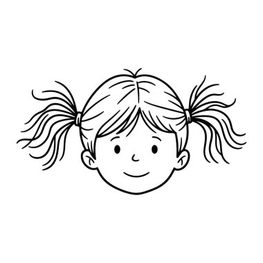 Beyaz arka planda örgülü, gülümseyen bir kızın yüzünün basit siyah beyaz çizgisi. En küçük detaylar, temel yüz ve saç stiline odaklanma. Kız, gülümsüyor, örgülü saçlar. At kuyruklu gülümseyen kız. Siyah beyaz çizgi film..