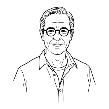 Kısa saçlı, gözlüklü, yakalı, gülümseyen bir adamın siyah beyaz çizgisi. Basit bir beyaz arka plan ve erkeğin üst vücuduna odaklanıyor. Adamım, gülümsüyor, kısa saçlı.....
