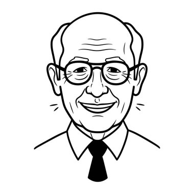 Kel kafalı, gözlük takan ve kravat takan gülümseyen yaşlı bir adamın basit siyah beyaz resmi. Yüzünde birkaç kırışıklık ve hoş bir gülümseme var. Düz beyaz arkaplan üzerine kurulmuş, en küçük gölgeleme ile bir çizgi.