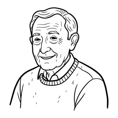 Kısa saçlı ve yüzünde kırışıklıklar olan yaşlı bir adamın siyah beyaz çizgisi. O, yakalı bir gömleğin üzerine bir kazak giyiyor ve gülümsüyor. Kalın çizgileri ve en az gölgelendirmesi olan basit bir tabaka. Yaşlı bir adam, gülümsüyor, kırışıklıklar. Gülümseyen yaşlı adam
