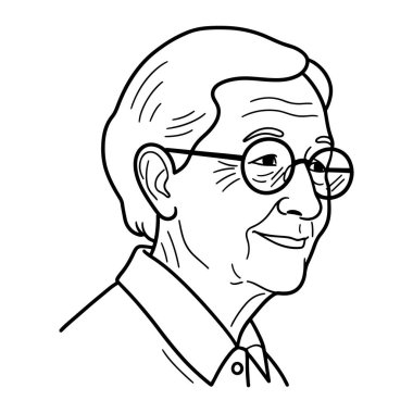 Kısa saçlı, gülümseyen ve yuvarlak gözlükler takan yaşlı bir adamın basit siyah beyaz çizgisi. Yüzünde kırışıklıklar var ve arka planda görünen düğmesi olan yakalı bir gömlek giyiyor..