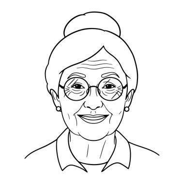 Gözlüklü ve çörekli gülümseyen yaşlı bir kadının siyah beyaz çizgisi. Kadının sıcak bir gülümsemesi var ve yuvarlak gözlük, küpe ve yakalı bir gömlek takıyor. Saçları kafasındaki bir topuz şeklinde ve yüzü kırışmış..